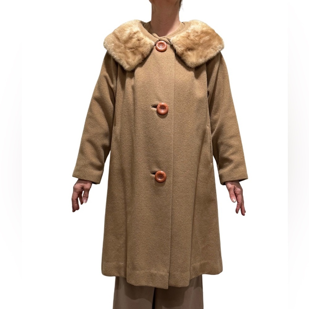 50’s 60’s CASHMERE 100% tailored by RENCROFT Tan Swing Jacket MINK FUR Collar